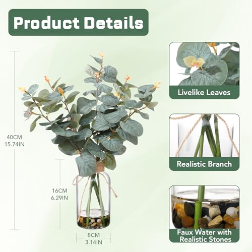 15.74” Artificial Eucalyptus Stems in Glass Vase with Faux Water & Natural Stones, Lifelike Fake Greenery for Modern Farmhouse Home Decor, Bathroom Decor, Office Desk Centerpiece - color: Sl-0976