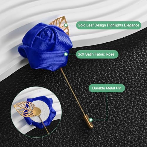 M METERXITY 1-Pack Flower Lapel Pins for Men, Golden Leaf Rose Boutonnieres Pin Groom Boutonnieres for Wedding/Dance/Party, Men Lapel Pins for Suits Satin Flower Corsage [Sapphire Blue] - color: Sapphire Blue