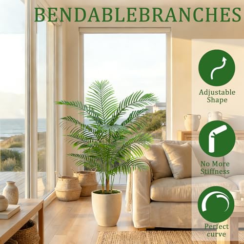 Artificial Palm Tree Indoor Plant 5FT Tall Fake Tropical Palm Tree in Pot, Real Bark Design Faux Areca Palm Tree for Home Office Living Room Bedroom Farmhouse Modern Outdoor Topiary Tree - size: 5FT