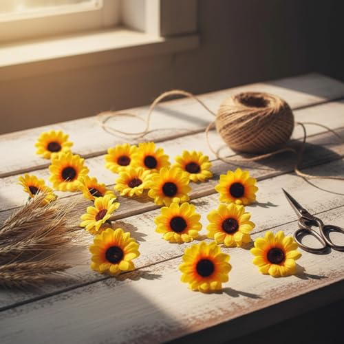 100Pcs Yellow Fashion Artificial Flower Heads Mini Fake Sunflower Decorative Fabric Flowers Craft Floral Embellishments for Wreaths Wedding Artificial Flowers