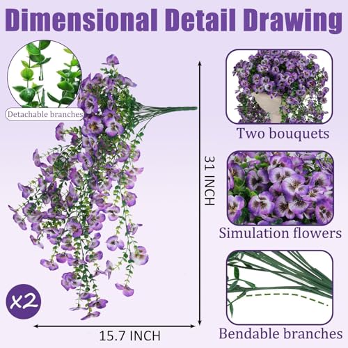 Artificial Flowers for Outdoors Front Porch Spring Decor ,2 Pack Hanging Faux Outdoor Plants UV Resistant - Long Trailing Faux Flower for Hanging Baskets, Tall Outdoor Planters （Multi Purple） - color: Purple-2pack