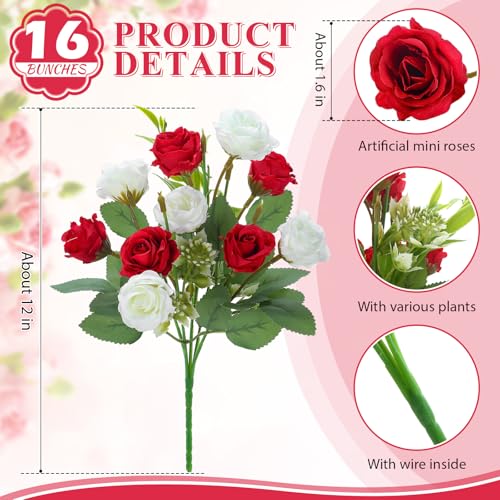 Zeyune 16 Bunches 12 Inch Artificial Mini Rose Bouquet 160 Heads Bridal Flower Bouquets Fake Silk Rose Bulk for Valentine's Day Wedding Bridal Shower Home Office Garden(White and Red) - color: White and Red