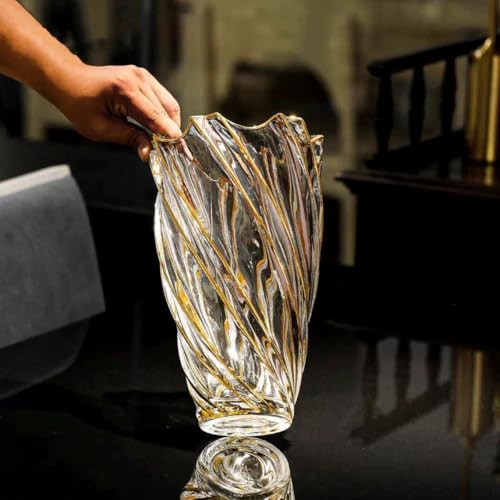 Hand Painted Gold Crystal Vase 11.2 inch Tall-Unique Whirlwind Shaped Glass Large Vase Home Office Decor for Living Room Dining Table Centerpieces, Birthday and Wedding.