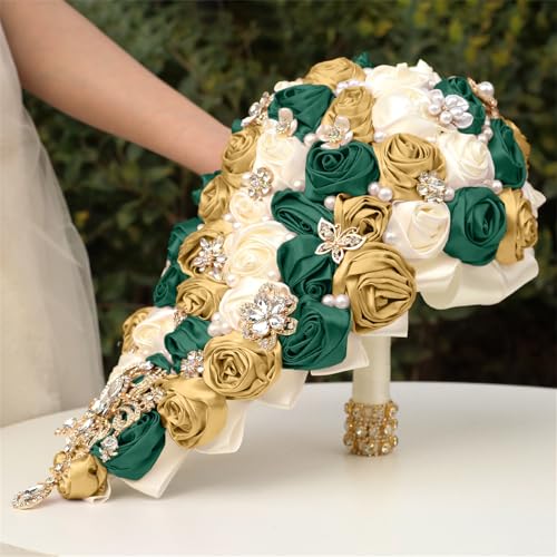 Handmade Satin Rose Water Drop Bridal Bouquet,8.7inch Crystal Wedding Round Tossing Bouquet,Jewelry Proposal Bridesmaid Bouquet Groom Corsage Bride Wrist Flower ivory (07#Ivory Darkgreen Gold) - color: 07#ivory Darkgreen Gold