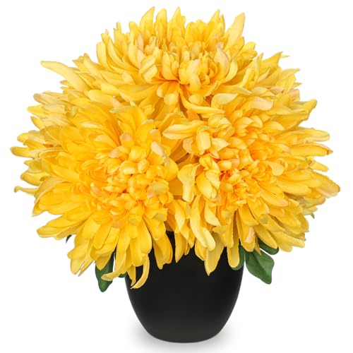 Briful Fake Mums Flower in Black Pot Realistic Silk Chrysanthemums Artificial Flowers Fall Mums for Home Decor Indoor Wedding Farmhouse Centerpiece Table, Yellow - color: Yellow