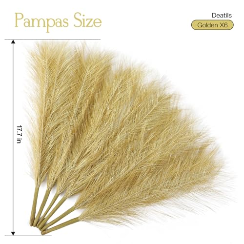 Ureymx Faux Pampas Grass Decor 17.7 Inch 6pcs, Artificial Pompas Grass Bulk Artificial Dried Flower Small Vase Filler for Boho Home Wedding Decoration (Gold) - color: Gold, size: 17 Inch 6 Pcs