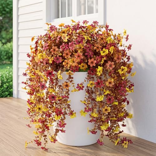 6 Pcs Fall Artificial Hanging Flowers Outdoor Faux Silk Mum Plant Decor Violet with Eucalyptus Realistic UV Resistant Trailing Vine Autumn Thanksgiving Porch Yard(Orange,Plastic Style) - color: Brown Red, style: Violet