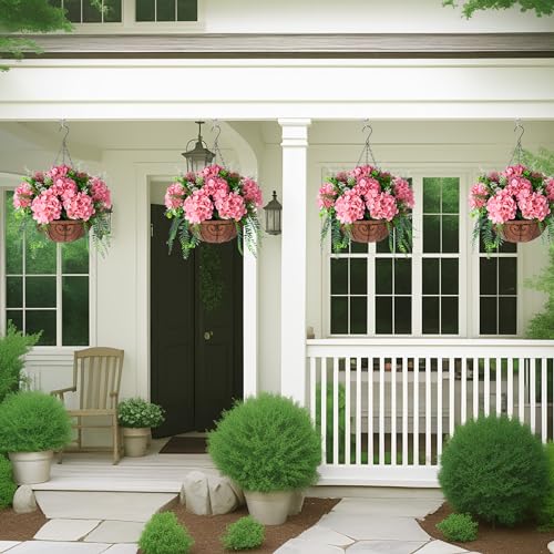 Artificial Hanging Hydrangea Flowers with Basket for Outdoor Spring Decoration, Fake Silk Hydrangea Flower Outdoor Indoor Arrangements, Fake Hanging Plants for Balcony Garden Yard Decor(Champagne) - color: Z-champagne With Basket