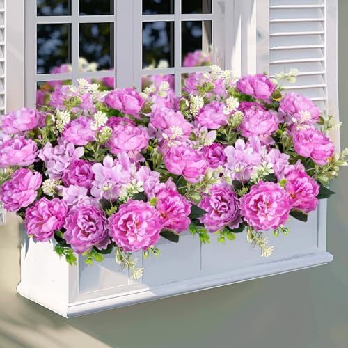 6 Bundles Peonies Artificial Flowers for Outdoors UV Resistant Faux Peony with Hydrangea Fake Flowers Silk Flowers for Outside Front Porch Garden Window Box Planters Decor (Purple) - color: Purple