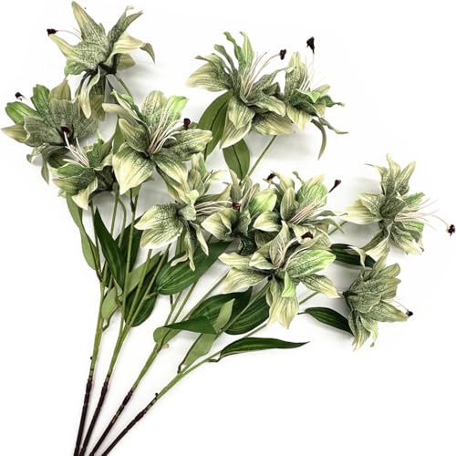 Artificial Silk Flowers Fake Lily Flower Long Stems Stargazer Lilies 4 Pack, Faux Tiger Bouquets with Full Bloom Floral Real Touch Plants for Home Kitchen Decor Wedding Party Hotel Decoration - Green - color: Lily Silk Flowers / Green 4 Pack
