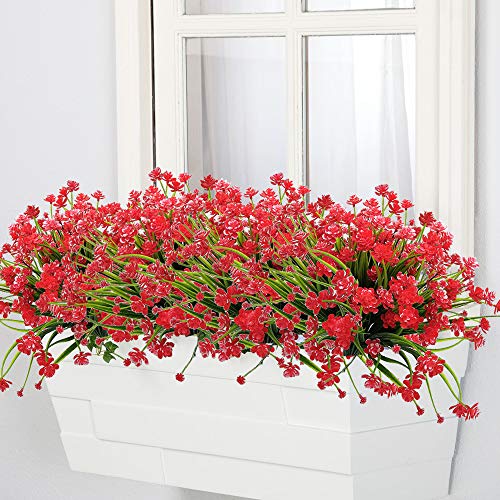 Grunyia Artificial Flowers Outdoor UV Resistant Fake Plants Indoor Outside Hanging Planter Home Garden Decor, 10 Bundles (Red) - color: Red