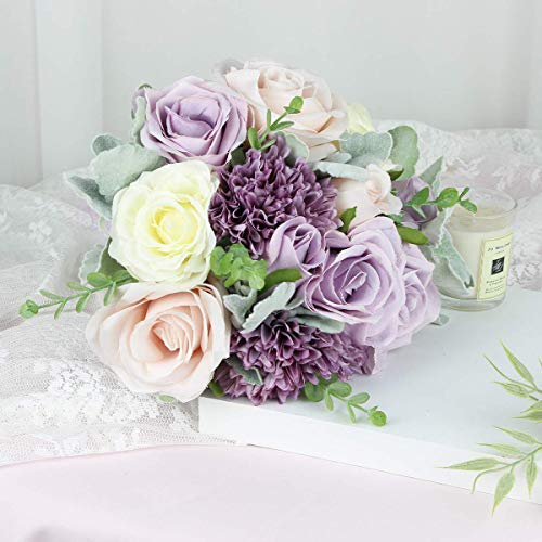 Rinlong 9" Wedding Bouquet for Bride, Pastel Purple Silk Bridal Bouquet - color: 18-light Purple