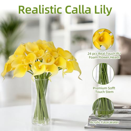 GarveeTech Real Touch Calla Lily Artificial Flowers, 24 Pcs with Glass Vase & Faux Water, 15" Long Stem for Wedding Centerpiece, Bridal Bouquet, Home and Party Decor (Yellow) - color: Yellow, size: Calla Lily（24 Pcs）