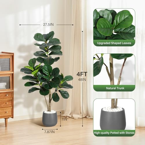 4 ft Fiddle Leaf Fig Tree Artificial with 48 Leaves - Realistic Faux Ficus Lyrata Trees in 7.8 in Grey Planter Pot, Indoor Fake Floor Plants for Home Office Living Room Decor, Housewarming Gift - color: With Black Planter, size: 4ft