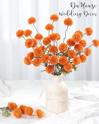 DuHouse 6pcs Artificial Flowers Faux Silk Pompon Mum,Silk Small Mini Chrysanthemum Ball with Stems for DIY Bouquets Centerpieces Vase Home Table Kitchen Decorations(Orange) - color: Orange, size: 6pcs