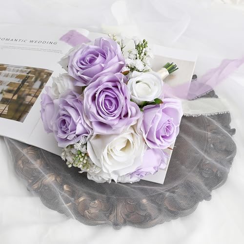 Wedding Bouquet for Bride - Premade Simple Artificial Roses Flowers for Bridal Shower Destination Ceremony Anniversary Decorations (Lilac & White) - color: Lilac & White
