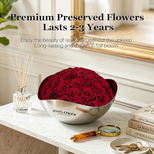 JoyFlower Preserved Flowers Decor, Eternal Roses in Stainless Steel Bowl Decors for Table Centerpiece, Forever Flowers Decorations for Home Living Room Bedroom Coffee Shop House Office(Small, Red) - color: Red, size: Small
