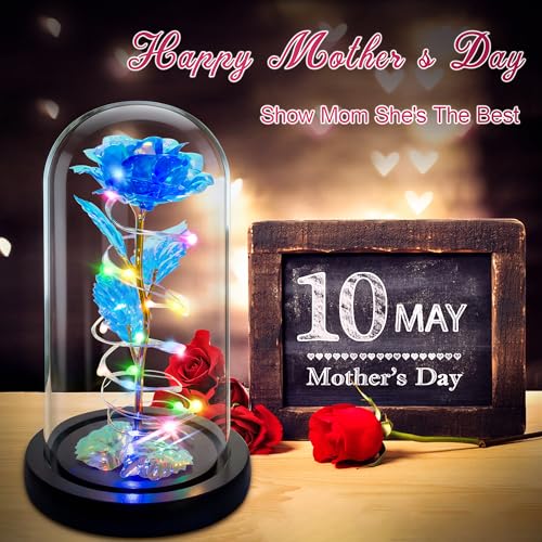 Childom Mothers Day Mom Gifts for Mom,Birthday Gifts for Women Grandma,Flowers for Delivery Prime,Colorful Blue Light Up Rose in A Glass Dome,Anniversary Valentines Roses Gift for Her Wife Daughter - color: Blue Colorful Large