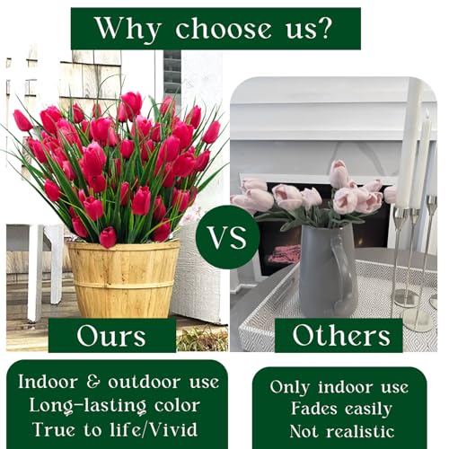 12 Bundles 60 Heads Artificial Tulips Fake Flowers Outdoor UV Resistant Silk Tulip Faux Plastic Greenery Shrubs Plants for Outside Planter Porch Garden Patio Decor (Rose Red) - color: Rose Red