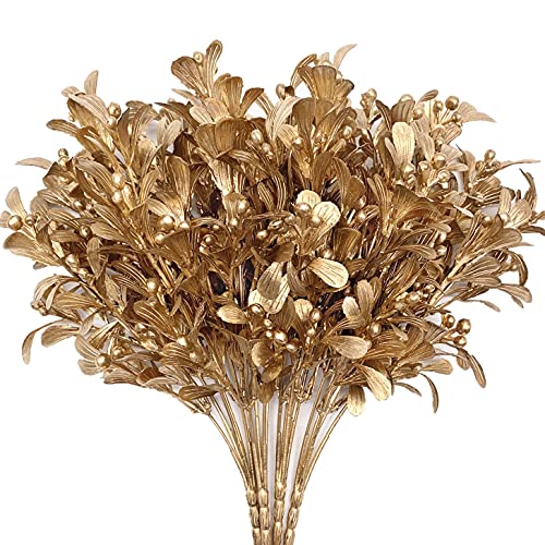 Artificial Flowers Christmas Decor, Golden Leaves Branches Plants Fake Berry Grass for Wedding Bridal Bouquet Party Indoor DIY Home Office Table Centerpieces Arrangements Decoration - Gold 4 Pack - color: Gold Leaves Berry Grass-4 Pcs