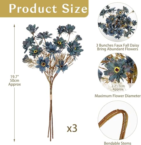 3 Bundles Artificial Daisy Flowers with Branches for Autumn Floral Arrangements, 20" Faux Wildflowers Mums Sprays for Fall Decor, Wedding Centerpieces, Fake Chrysanthemums Silk Flowers in Cyan Blue - color: Cyan Blue