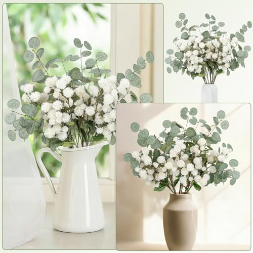 Artificial White Flower Chrysanthemum and Eucalyptus Stems Set,Faux Pom Pom Flowers with Realistic Silk Eucalyptus Leaves Bendable Long Stems for Vase Home Table Centerpiece Decor