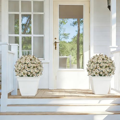 24” Artificial Flowers for Outdoors, Set of 2- UV Resistant Look Real Faux White Mums with Cement Pots, Realistic Fake Plastic Plants for Front Porch Planter Entryway Indoor Decor - color: Daisy Cream White