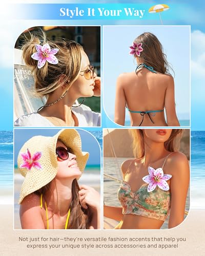 Mesovor 3 Pack Hawaiian Flower Hair Clips, Artificial Tropical Flower Orchid Hair Pin | Rhinestone Hairpins Hair Accessories for Wedding Bridal Beach Party (Pink Lily) - color: Pink Lily