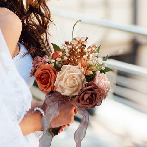LEIFENY Wedding Bouquets for Bride, Pink & Champagne Bridal Bridesmaid Flower with Silk Ribbon, Artificial Toss Rose for Civil Ceremony - color: Pink & Champagen White