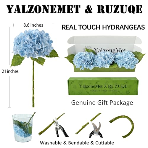 YalzoneMet Real Touch Hydrangea Artificial Flowers 3 Pcs 21 inches Light Blue Natural Lifelike Latex Flower Long Stem Faux Hydrangea Gift for Home Kitchen Garden Xmas Decor Christmas Table Centerpiece - color: Light Blue