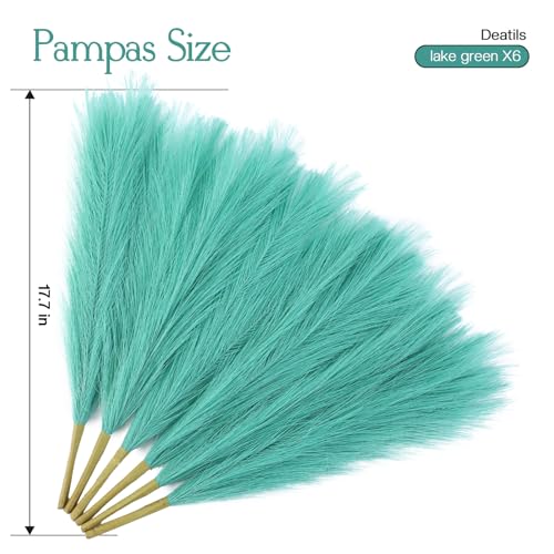 Ureymx Faux Pampas Grass Decor 17.7 Inch 6pcs, Artificial Pompas Grass Bulk Artificial Dried Flower Small Vase Filler for Boho Home Wedding Decoration (Lake Green) - color: Lake Green, size: 17 Inch 6 Pcs