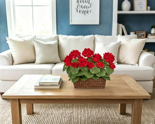 Briful Artificial Geraniums Flowers in Woven Basket Planter, Real Faux Red Silk Geranium Blooms for Outdoor Patio Porch, 13.8" Fake Potted Plant for Home Office Indoor Window Table Centerpiece Décor - color: Red#585