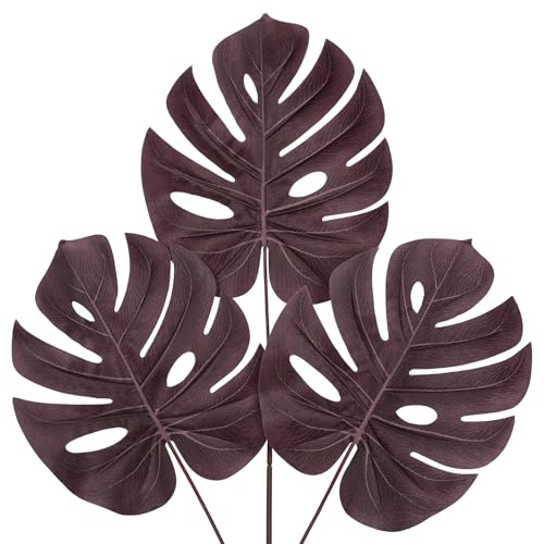 DILATATA Artificial Monstera Leaves with Stems 28" Fall Faux Tropical Leaf Burgundy Silk Monstera Leaves Fake Palm Branches for Home Fireplace Farmhouse Centerpieces Thanksgiving Wedding Autumn Décor - color: 28“ Monstera#burgundy Silk 3pcs