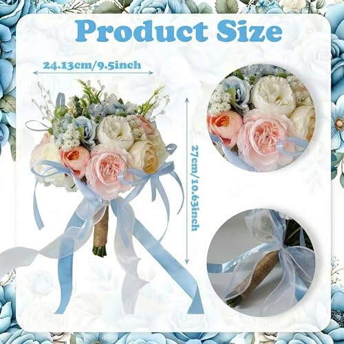 Wedding Bouquets for Bride, Pale Pink and Light Blue Bridal Bouquet | Realistic Silk Rose for Rustic Boho Church Ceremony, Proposal, Thanksgiving, Wedding Decor - color: Pale Pink and Light Blue