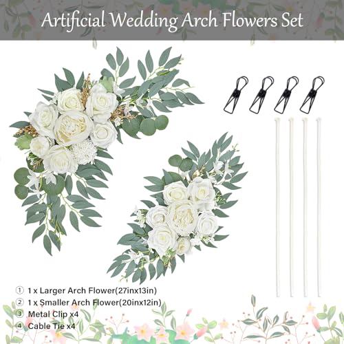 Wedding Arch Faux Flowers Set of 2, Wedding Welcome Signs Greenery Garland Decoration for Ceremony, Reception, Backdrop (White) - color: White