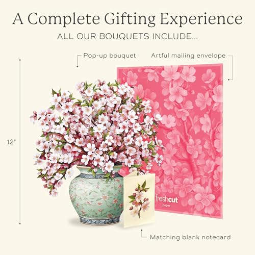 Freshcut Paper Japanese Cherry Blossoms 12 Inch Life-Sized 3D Pop Up Card – Greeting Card, Birthday, Mothers Day, Thank You, Gifts for Mom and Her – Includes Notecard and Envelope - color: Japanese Cherry Blossoms, size: Classic