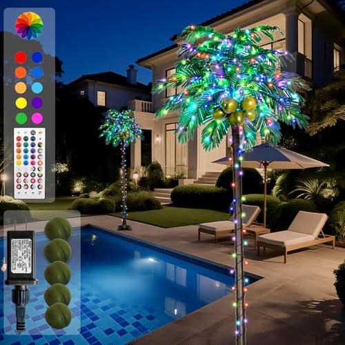 Ledido 8FT Lighted Palm Trees for Pool, 35 Colors Changing Light Up Palm Trees Outdoor with Remote, Led Artificial Fake Tree with Coconuts for Outside Patio Tiki Bar Yard Tropical Party Indoor Decor - color: Color Changing, size: 8ft
