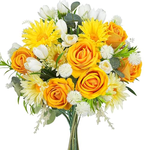 Yellow Roses Artificial Flowers, Faux Tulips Flowers with Yellow Roses Daisy Bouquets, Spring Silk Flowers Arrangement for Home Living Room Party Wedding Offices Bookshelf Decorations (Yellow)