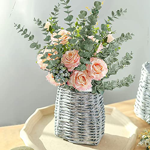 ABAJI Plastic Eucalyptus Green Spraying Frost Stems 12 Fake Faux Decorations Artificial Leaves Greenery Plant Leaf Home Office House Table Desk Decor Wedding Party Vase Forever Live - color: Green