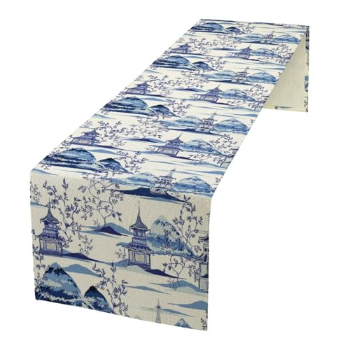 Vintage Ink Table Runner, Beautiful Chinese Pagodas Mountains Trees Chinoiserie Table Runner for Home Kitchen Dining Cafe Party Holiday 13x36in - color: Aisa-11, size: 13x36in