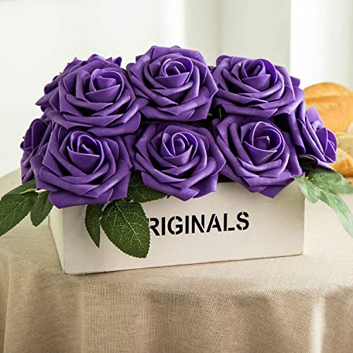 25pcs Artificial Flower Foam Rose Real Touch Roses Flower Heads with Stem for DIY Wedding Bouquets Centerpieces Arrangements Party Baby Shower Home Decor (Deep Purple) - color: Deep Purple