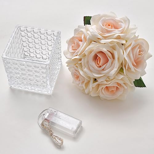 Fule Artificial Silk Rose Flower Centerpiece Arrangement in Glass Vase with LED Light for Home Wedding Decoration (Champagne) - color: Champagne