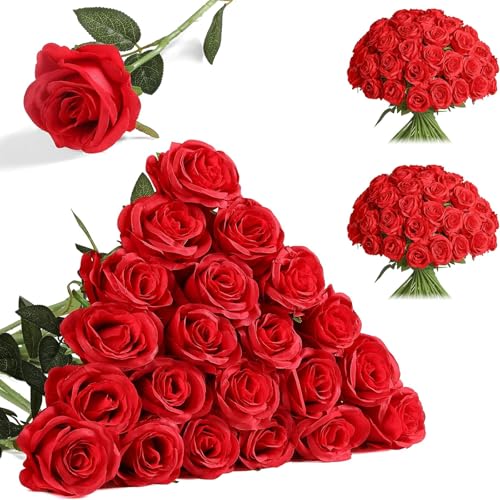 Nubry 24pcs Artificial Red Roses, Fake Silk Roses Flower with Long Stems, Realistic Flowers for Bridal Wedding Party Table Centerpiece Home Decor - color: Red