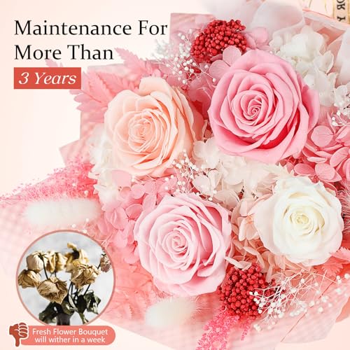 Preserved Flowers Bouquet 4 Roses - Pink Roses & Flowers for Delivery, Long-Lasting Real Roses Forever, Mothers Day Gifts for Mom Grandma Wife, Anniversary Birthday Gifts for Women - color: Pink