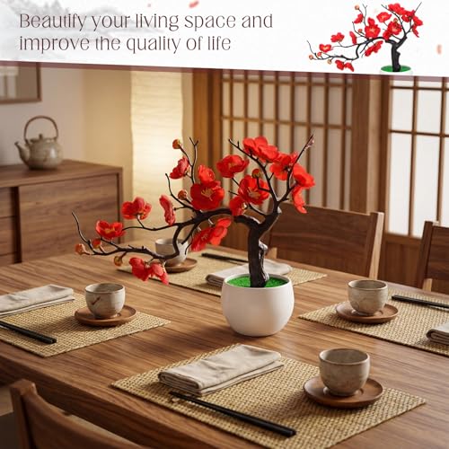 Suncalla 4 Pack Artificial Red Plum Blossom Fake Bonsai, Silk Flower Arrangement with Flower Pot, Cherry Blossoms Decor for Hibachi Party Chinese Japanese Asian Theme Party Supplies (Lateral) - style: Lateral