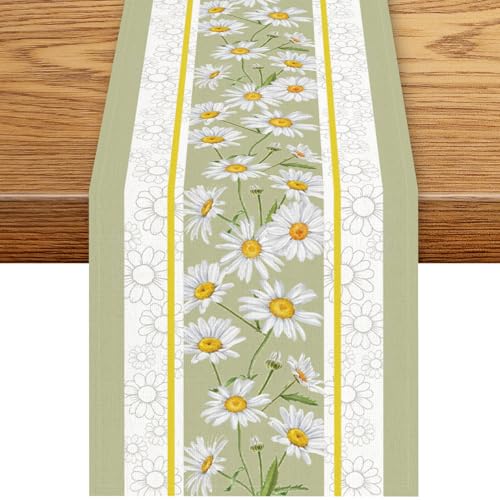Daisy Table Runner, Rustic Spring Summer White Green Floral Flower Boho Vintage Seasonal Coffee Table Center Decor for Family Outdoor Farmhouse Holiday Party Table Decorations, 13"x36" - color: Daisy-3, size: 13“ X 36"
