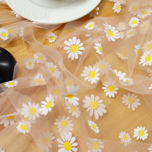 Daisy Gauze Table Runner 120 Inch 10FT, Floral Flower Tulle Table Runner Seasonal Kitchen Dining Table Decorations for Party Wedding Christmas Holiday Birthday (Pink) - color: Pink
