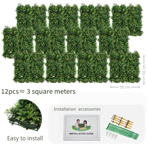 Artificial Grass Wall Panels, 12pcs 20"x20" Plant Wall Mats for Greenery Backdrop, 3sqms Outdoor Green Hedges for Privacy Screening Fence