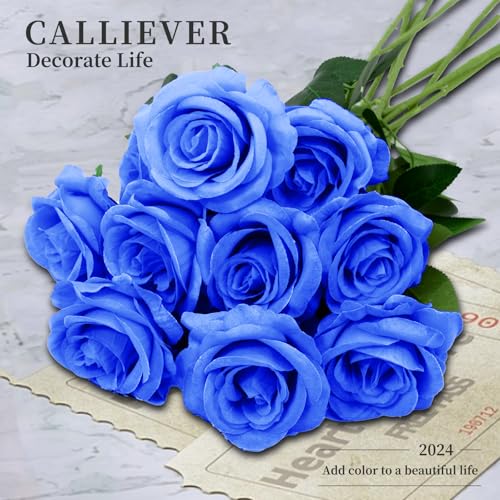 12pcs Rose Artificial Flowers, Fake Rose Silk Flower Bouquet, Faux Roses with Stems - 50cm, Roses Decor for Wedding & Home Decoration (Blue) - color: Blue