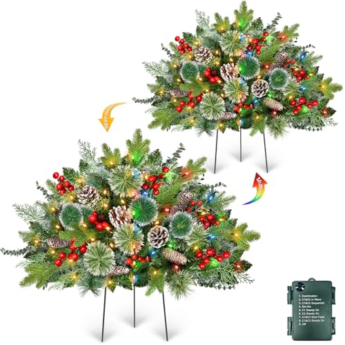 2 Pack 24" Lighted Outdoor Christmas Tree Urn Fillers Holiday Planters with Timer 8 Mode Warm & Colorful Light 6 Style Branches Eucalyptus Pinecones Red Berries Tripod Stake Front Porch Indoor Decor
